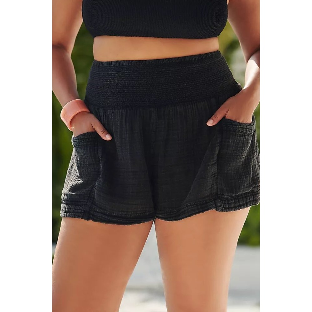 Anthropologie Kaveri Smocked High-Waisted Cotton Gauze Shorts Black XL New